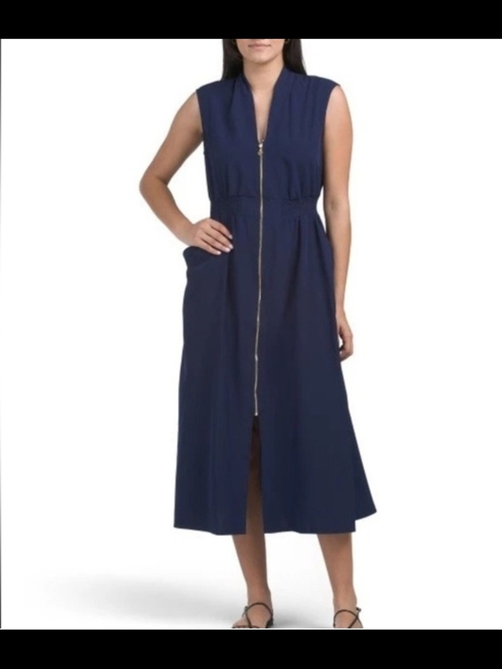 Anne Klein Navy Zip-Front Midi Dress, Size 8
